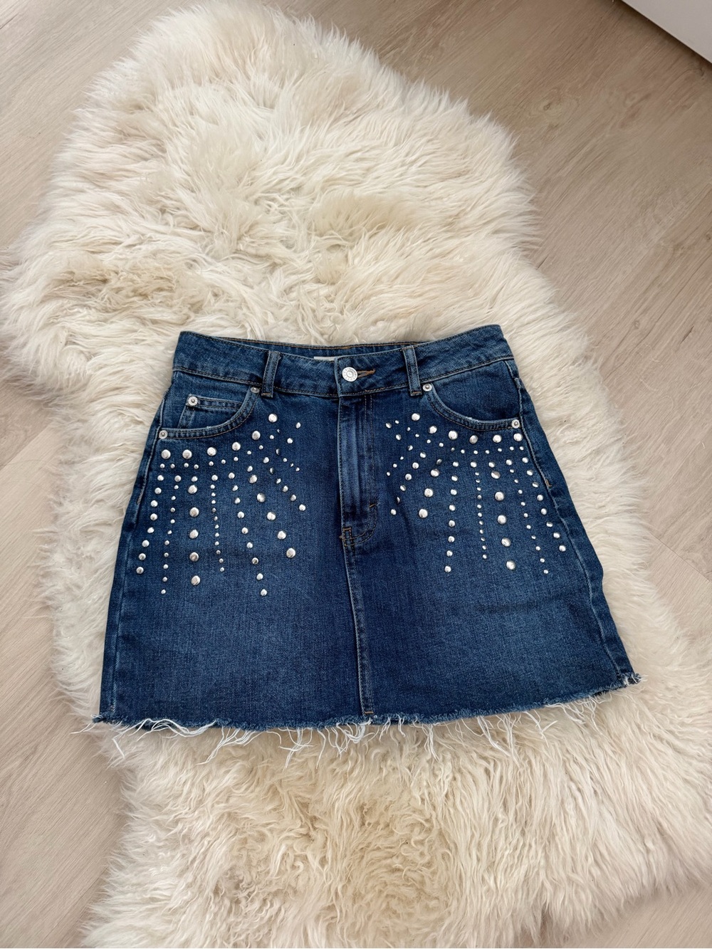 Topshop Dark Blue Denim Mini Skirt with Silver Studs